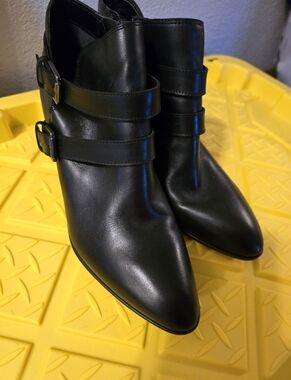 Franco Sarto Black Pointed Leather Ankle Boots with Buckle Straps